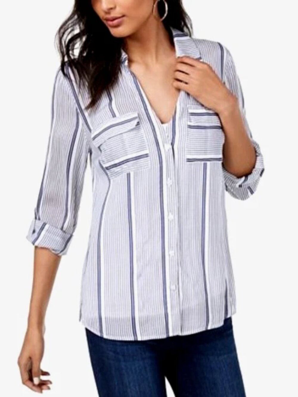 INC Blue White Viscose Button Down Shirt M Coastal Prep Resortcore Long Sleeve